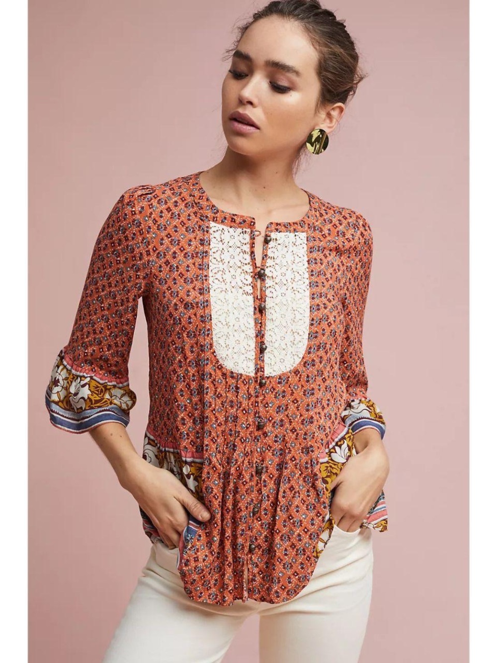 Anthropologie Maeve Hiver Blouse Rust Floral Lace Bib Boho Top Size 12
